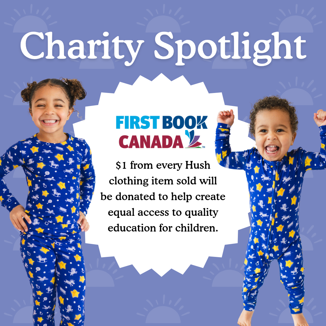 Children in matching blue pajamas with yellow stars and moons.