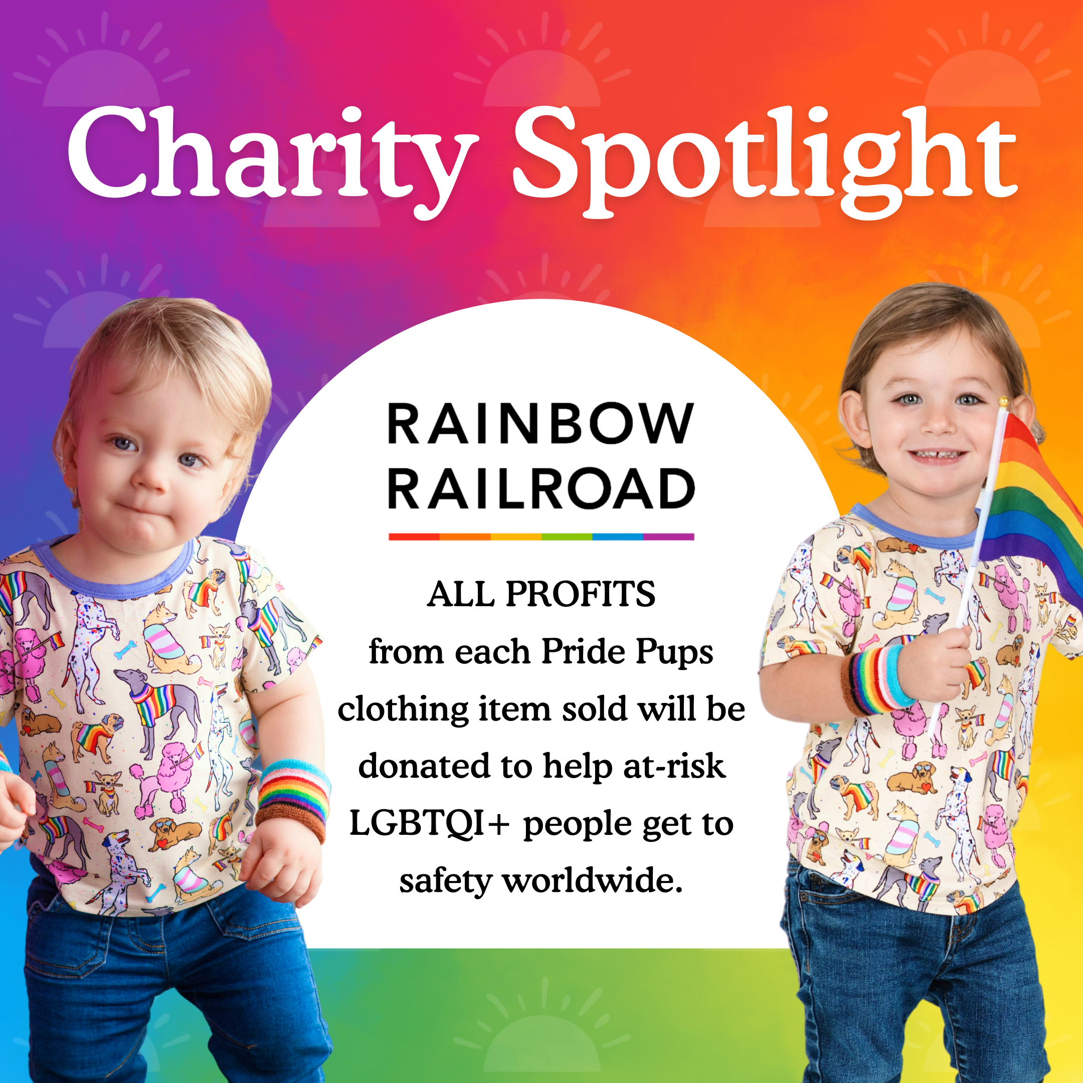 Children in Pride Pups t-shirts with rainbow accents, promoting Rainbow Railroad charity.