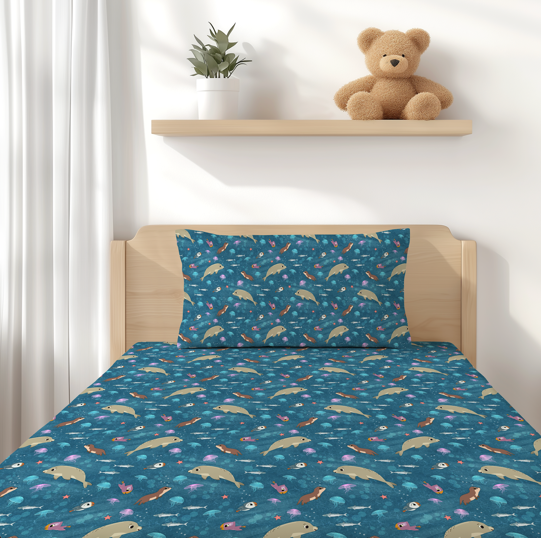 PREORDER - SHIPS DECEMBER - Twin Sheet w/ Pillowcase  - Puffin Rock™  Silky's Sea Story - Tencel Modal