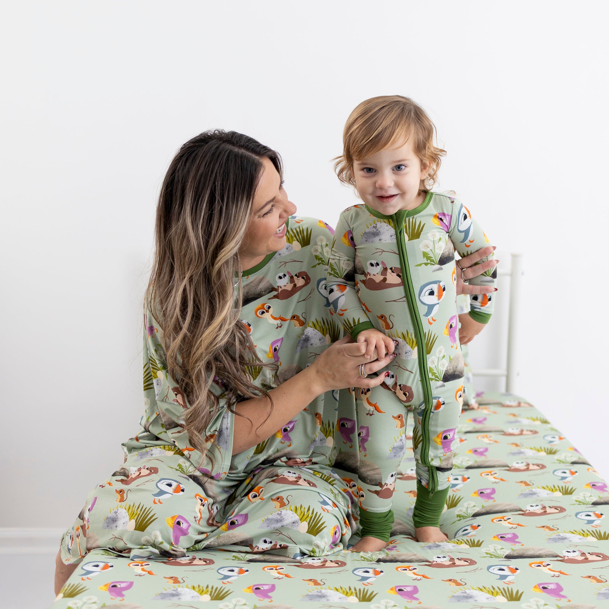 Adult Mega Sleep Tee in Puffin Rock™ print with Tencel™ Modal fabric.