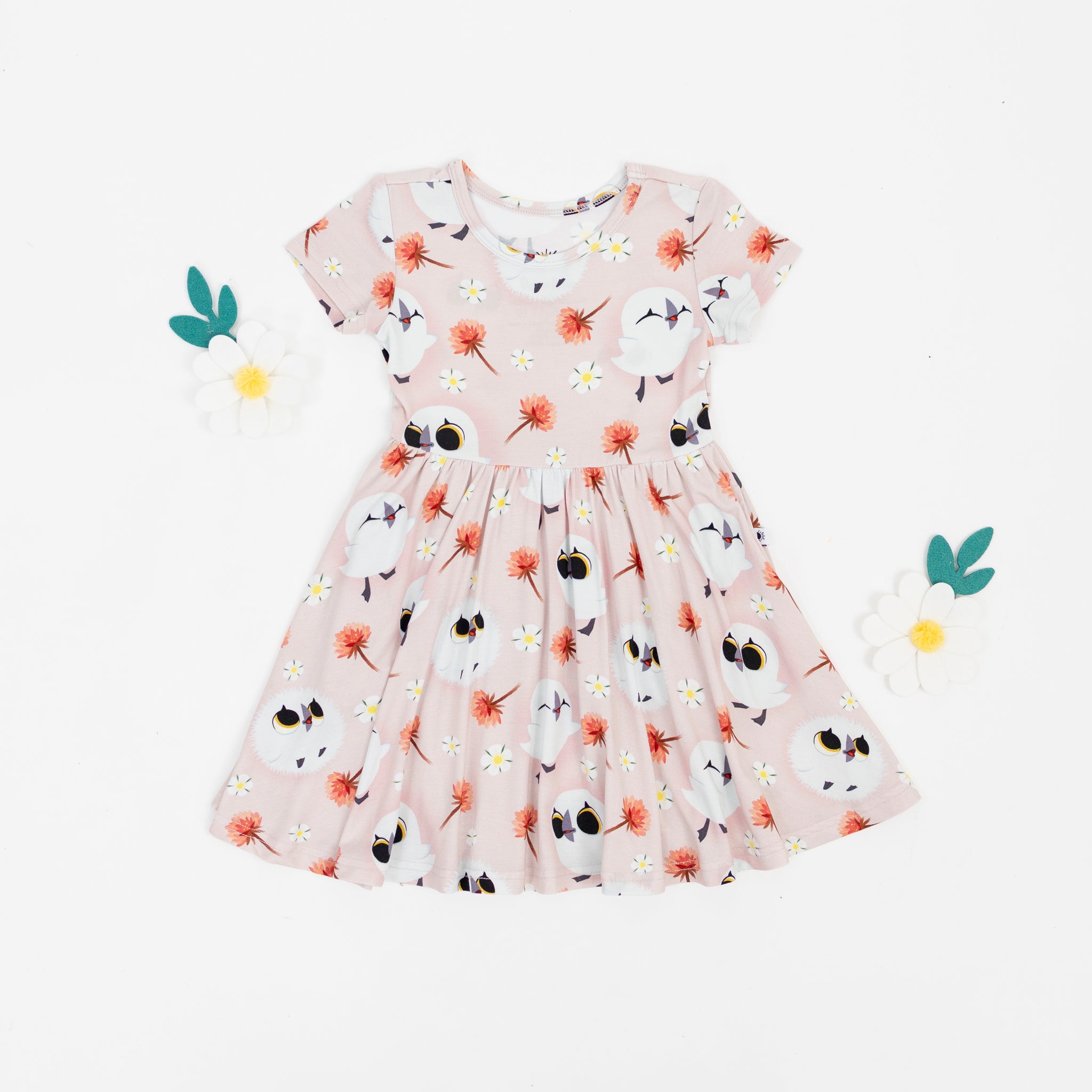 Pink Tencel Modal dress with Puffin Rock characters and flowers.