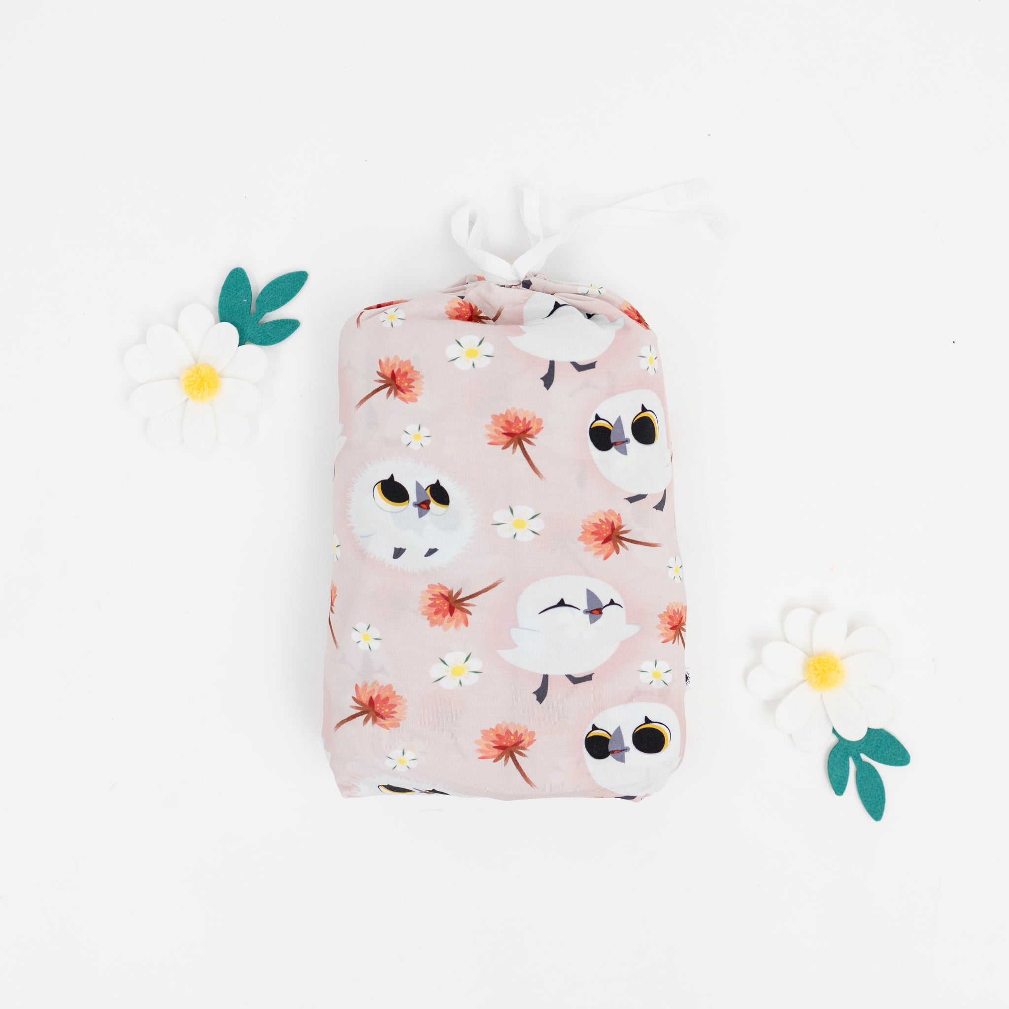 Pink Tencel modal twin sheet and pillowcase set with Puffin Rock characters.